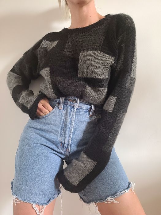 Wełniany sweter oversize patchwork 100% wełna unikat handmade