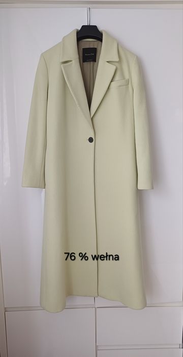 Massimo Dutti wełniany płaszcz pastelowy żółty wełna długi midi guzik