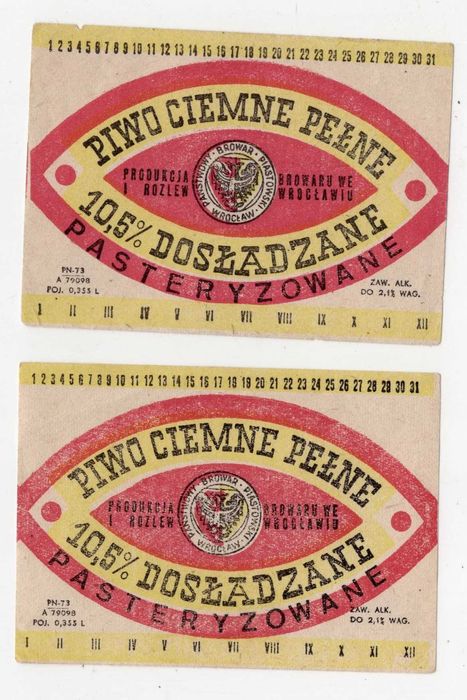 Etykiety PRL Browar Piastowski we Wrocławiu Piwo Ciemne Pełne Pasteryzowane Dosładzane 10,5 Zestaw 2 szt.