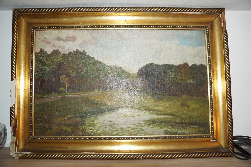 Stary obraz olejny płótno blejtram pejzaż ładna rama