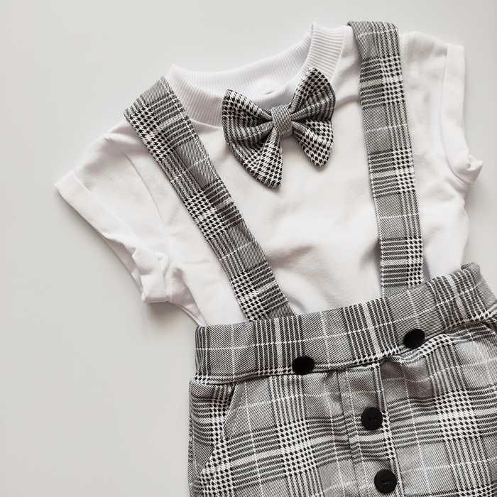 Modny SZARY GARNITUR, elegancki letni ZESTAW mucha, komplet chrzest 68