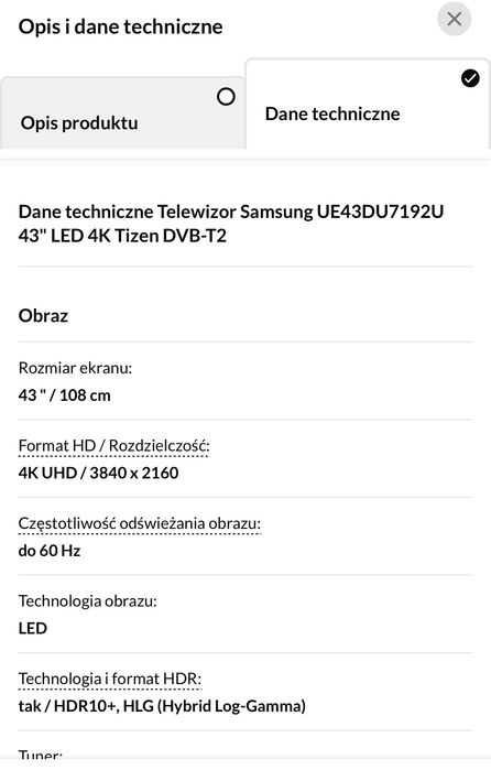 Telewizor Samsung UE43AU7092U 43" LED
4K Tizen DVB-T2