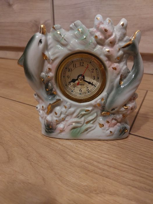 Zegar ceramiczny delfiny quartz biurkowy kominkowy vintage