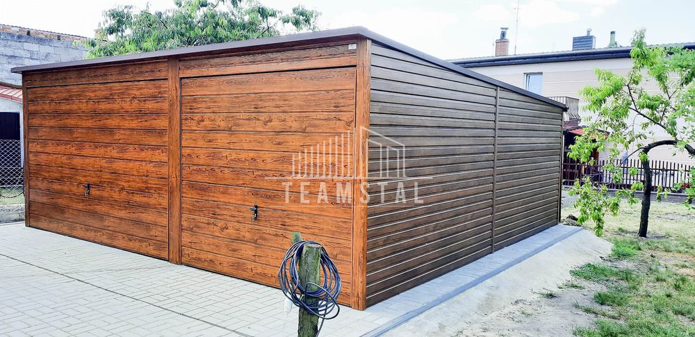 GARAŻ BLASZANY 6m x 6m - spad tył - 2x Brama ciemny orzech TS276