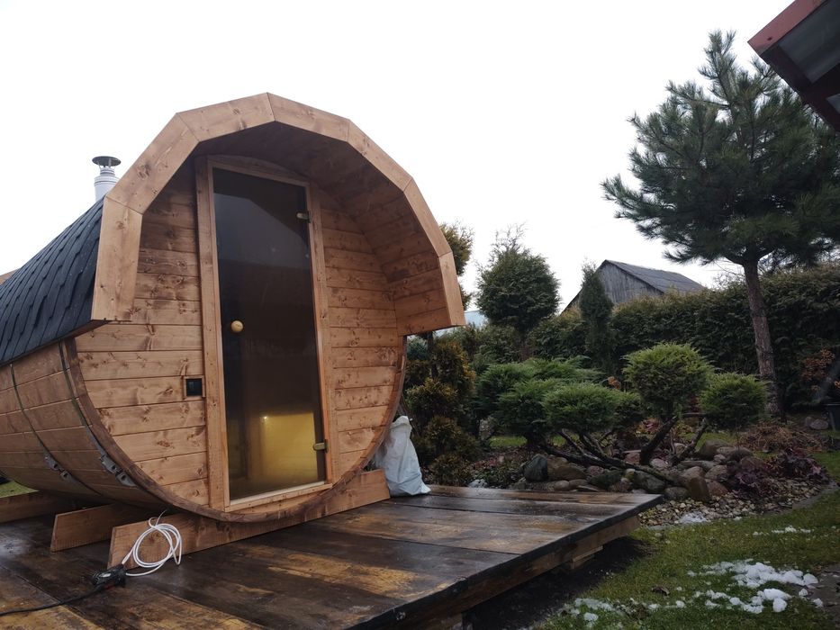 Sauna ogrodowa Beczka 350 cm Piec na drzewo załadunek od zewnątrz