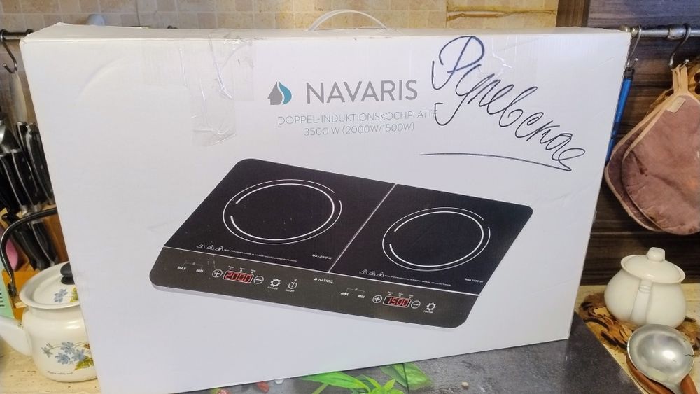 Індукційна плита, електрична плита, Navaris 3500 Вт, двухкомфорочна, подвійна портативна плита 60/36/6.5 см
