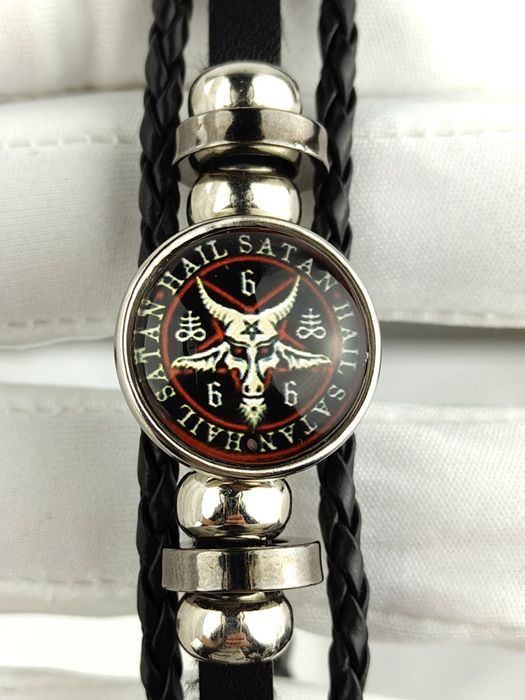 NOWA Bransoletka skórzana czarna lucyfer szatan pentagram