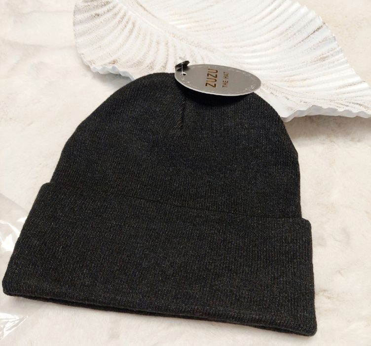 Prosta czapka dzianina prążek unisex 50% kaszmir 50% wełna grafitowa