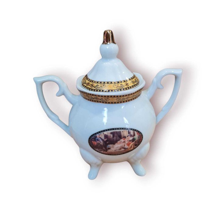 Açucareiro Porcelana c/ Dourado e Cena Romântica – 15 cm