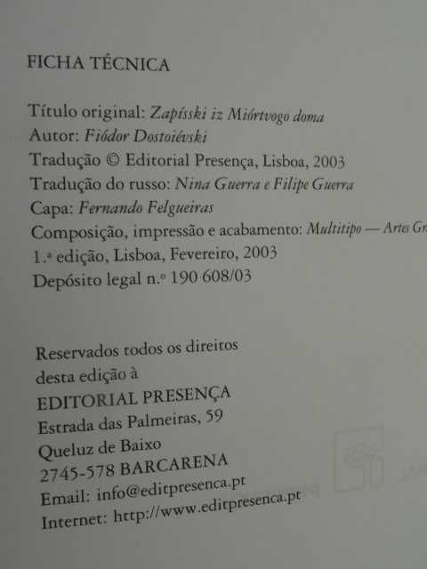 Cadernos da Casa Morta de Fiódor Dostoiévski - 1ª Edição