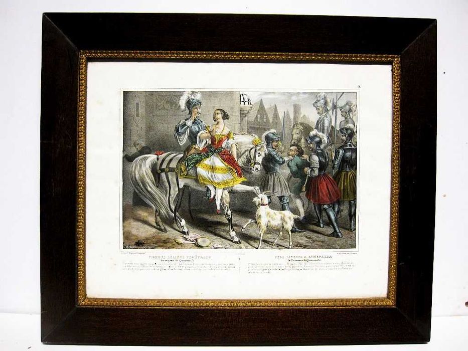 antiga gravura "Febo liberta a Esmeralda de los manos de Quasimodo"