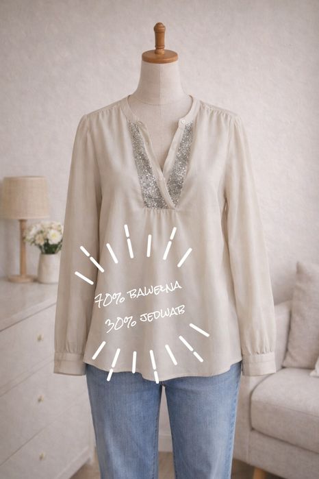 Bluzka koszula damska z długim rękawem jedwabna bawełniana beżowa M/L