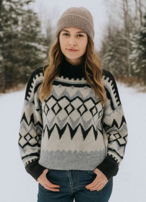 H&M XS-M żakardowy szary sweter skandynawski wzór ornament