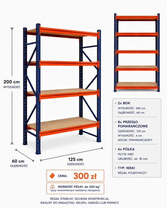 Regał magazynowy 200 × 125 × 60 cm – 4 półki