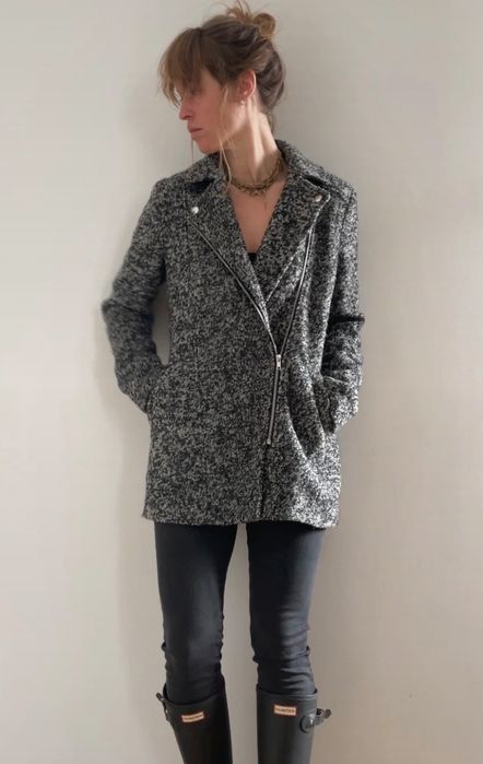 H&M Ciepły wełniany płaszcz szary melanżowy asymetryczny z kołnierzem