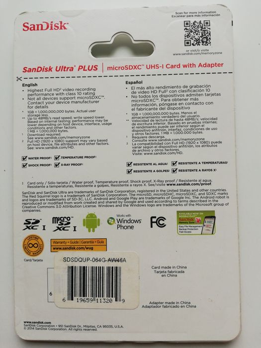 Karta pamięci Sandisk Ultra Plus microSDXC nowa z USA 64GB
