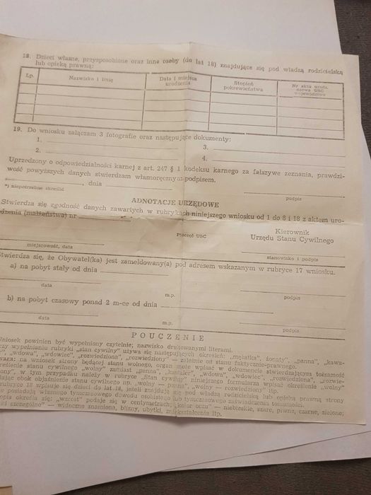 Stary wniosek o wydanie dokumentu potwierdzającego tożsamość