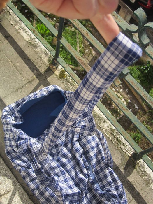 Alcofa vintage alças, Xadrex Azul e Branco, algodão acolchoado anos 70