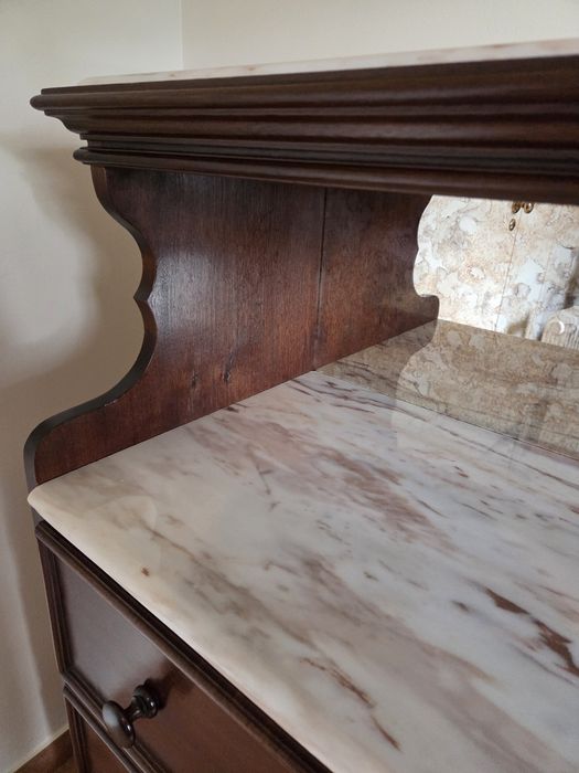 Mobília de Quarto Completa em Madeira Maciça e Mármore Genuíno (Cama, Cómoda, Secretária e 2 Mesas de Cabeceira)