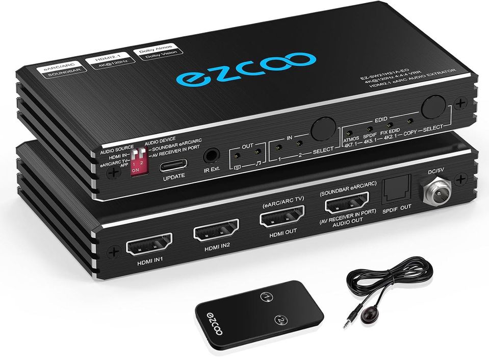 EZCOO Audio Extractor / Switch przełącznik 2x2 4K 120Hz HDMI 2.1 eARC VRR ALLM HDCP2.3 ARC HDR10 CEC SPDIF Optical IR