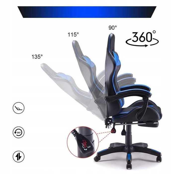 NOWY Fotel GAMINGOWY Biurowy Ekoskóra Obrotowy Niebieski z PODNÓŻKIEM