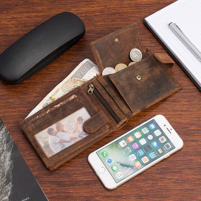 Portfel skórzany męski z tłoczeniem ryba Bellugio rdzawy dla dziadka