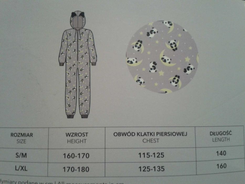 KOMBINEZON damski onesie z polaru w misie panda kaptur z uszkami S/M
