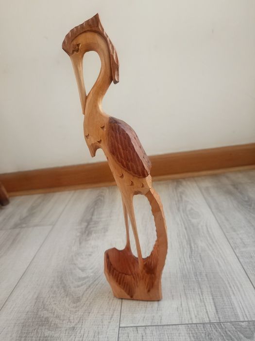 Afrykańskie figurki mężczyzna i kobieta ręcznie rzeźbione wys 28 cm, żuraw czy czapla