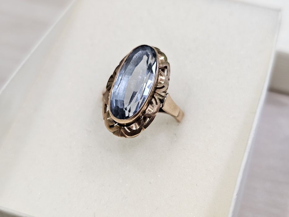 Złoty używany pierścionek PODŁUŻNE OCZKO NIEBIESKIE PR 585