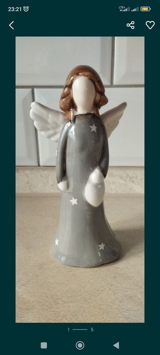 Aniołek ceramiczny z serduszkiem biały szary stan idealny na prezent