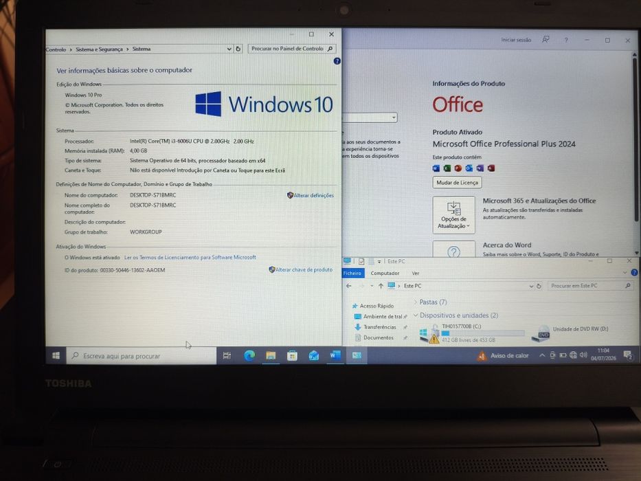 *Win10* Portátil Toshiba i3, bateria 3h30, 500GB, Bluetooth, Office 2024, teclado novo