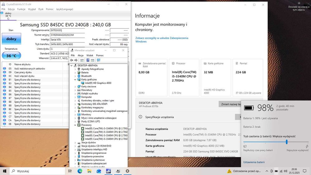 HP 6570b,SSD 240GB/8g RAM, Core i5, mat 1600x900 15,5", bat 2g.