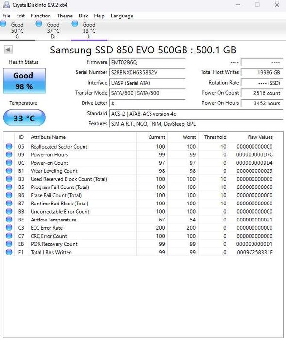 Disco SSD Samsung 850 EVO 500GB 2.5" SATA III – Como Novo (98% Saúde)!