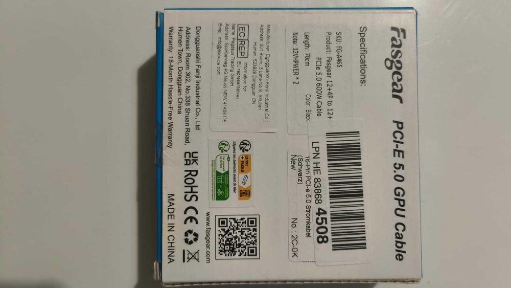 Cabo de Alimentação GPU Fasgear PCIe 5.0–16pin(12+4) 12VHPWR–70cm novo