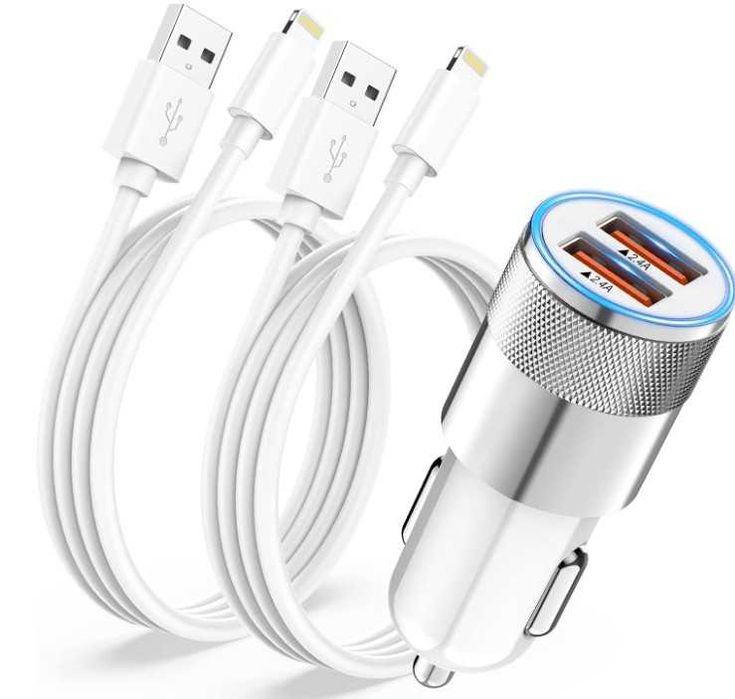 Ładowarka samochodowa 2 porty USB 2.4A + 2xkabel Lightning 1m YEONPHOM