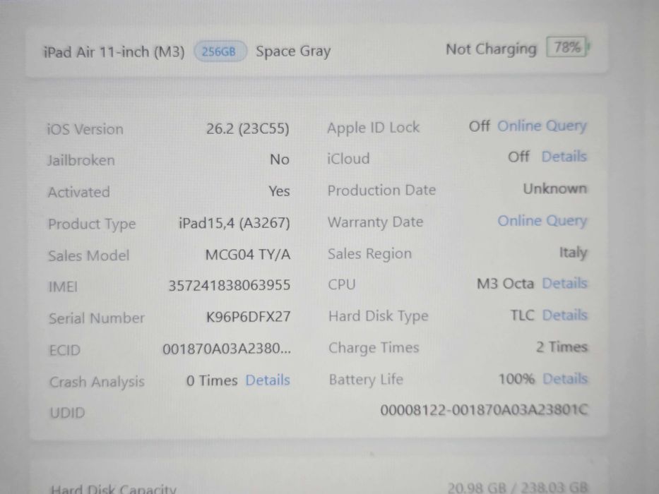 iPad Air 11 M3 2025 256GB Wi-Fi+LTE Space Gray MDM, стан - нового.