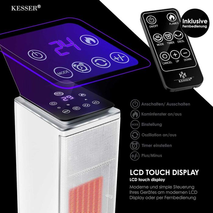 Termowentylator kolumnowy z funkcją kominka elektrycznego+ pilot