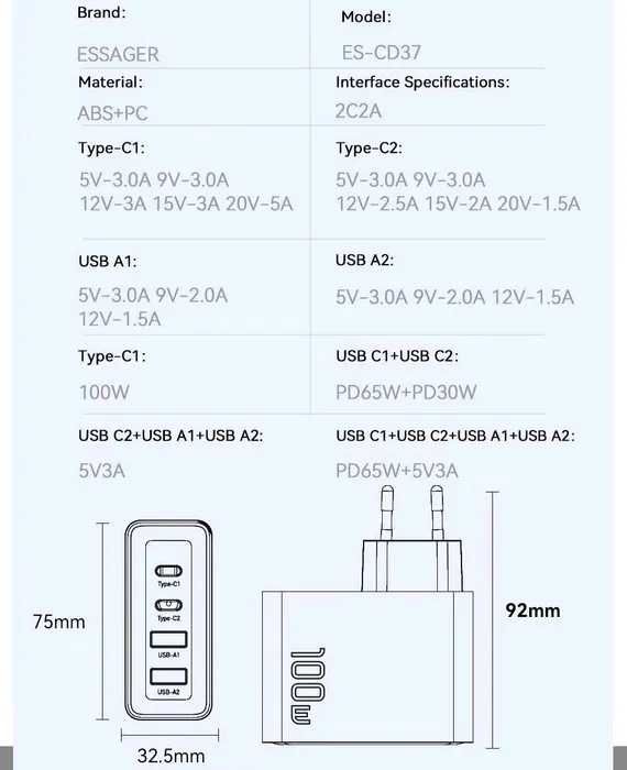 Потужна зарядка Essager 100W GaN , Швидка зарядка ноутбука і телефону