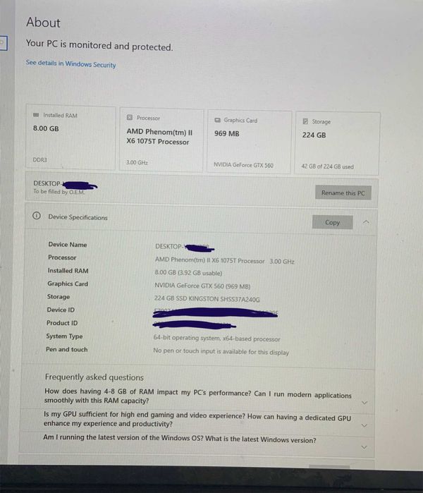 AMD Phenom II x6 1075T /RAM 8GB / SSD 240 Gb / GTX560 1Gb