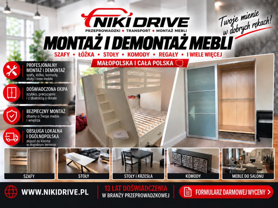 Przeprowadzki Wieliczka | Transport • Pakowanie • Montaż mebli | Niki Drive