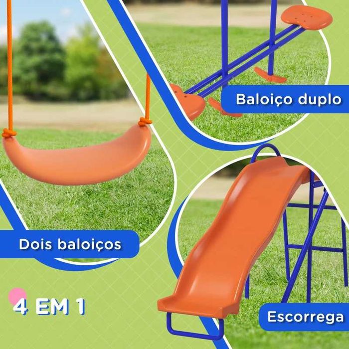 Conjunto de Baloiços 4 em 1, com 2 Baloiços, 1 Baloiço e 1 Escorrega