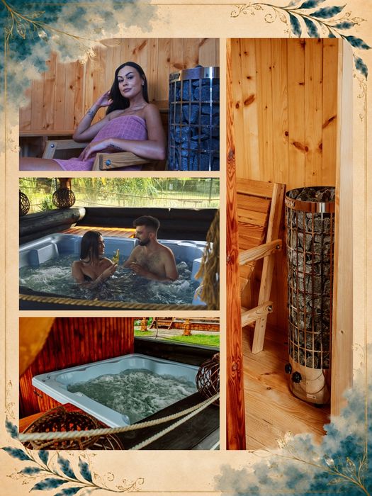 Domek nad jeziorem z jacuzzi, sauną i strefą masażu .