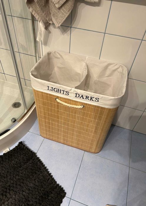 Duży Kosz Bambusowy na Pranie 100L Organizer Dwukomorowy Loft