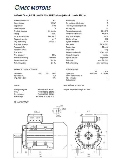 silnik elektryczny 1,5kW 900obr. 3fazowy 90B3 OMT