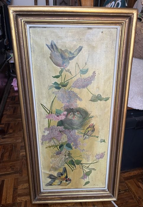 Quadro Antigo - Pintura a Óleo Natureza Viva (Aves e Flores) - 71x36 cm