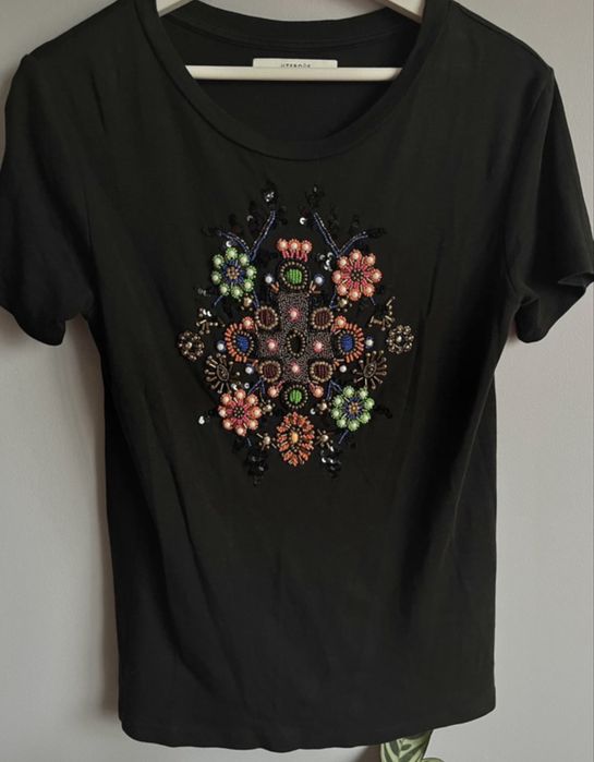 Czarna bluzka uterque M tshirt koralki Masimo Dutti Studio