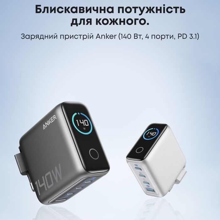 Зарядний пристрій Anker GaN 140W. Євро вилка. 240W Кабель. Нова