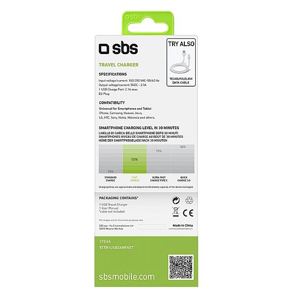 Ładowarka sieciowa SBS TETR1USB2AWFAST 10W USB-A - biała