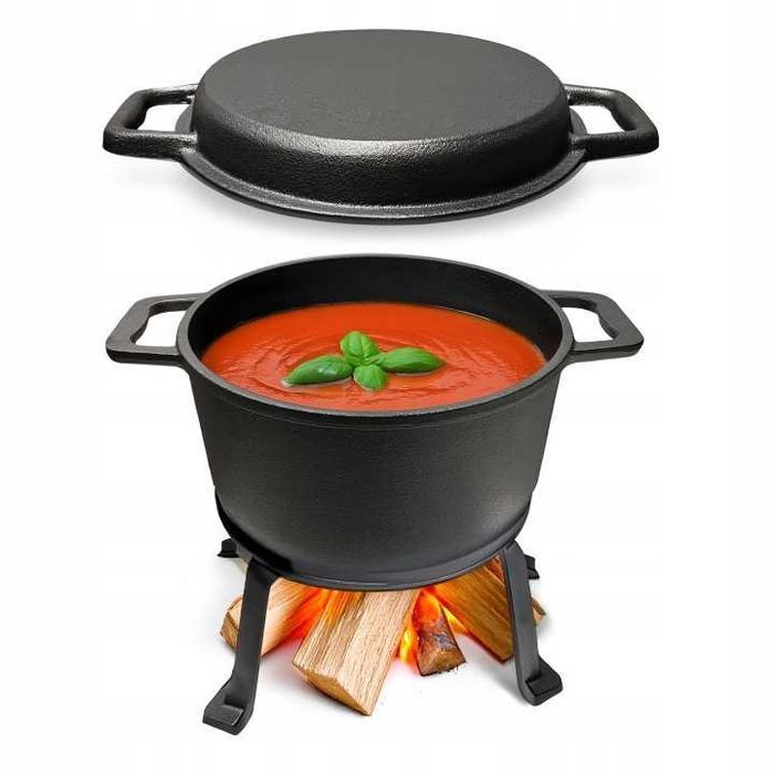 Kociołek Żeliwny Myśliwski Z Patelnią Garnek 10l 3w1 Ognisko Grill Kocioł Na Pieczonki Na Gulasz Do Potraw Ciepłych Dań