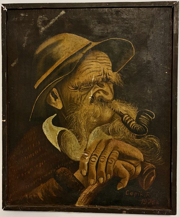 Starzec z fajką, obraz olejny na płótnie z 1976 r.